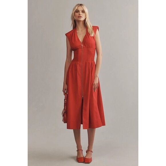 Anthropologie The Tommie Cotton Zip-Front Midi Dress Red Large L NEW - Picture 1 of 3